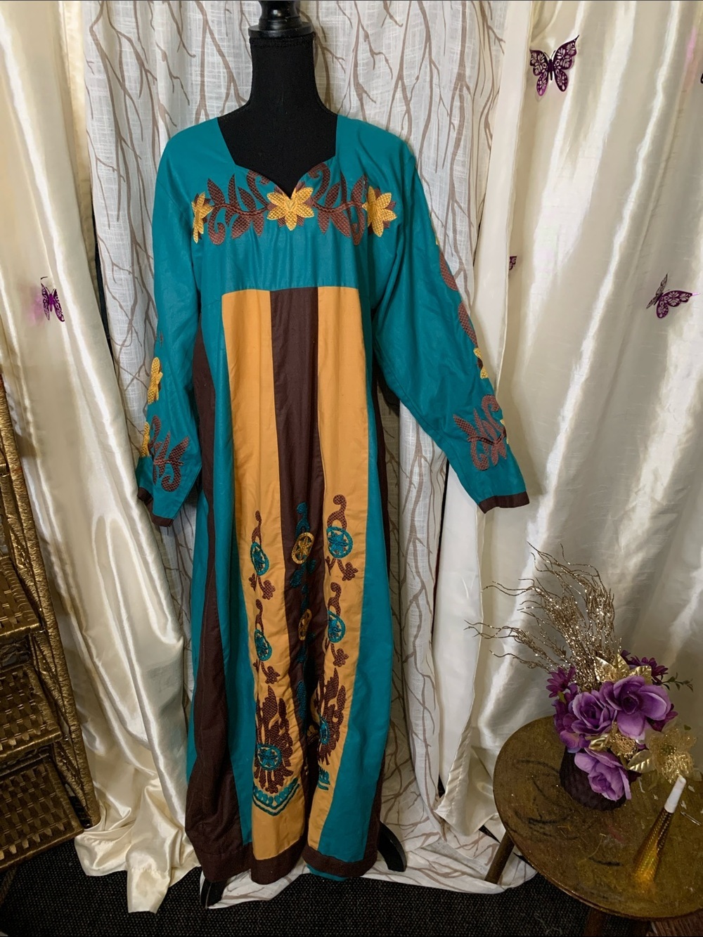 Teal and Mustard Embroidered Maxi Dress with Brown Accents